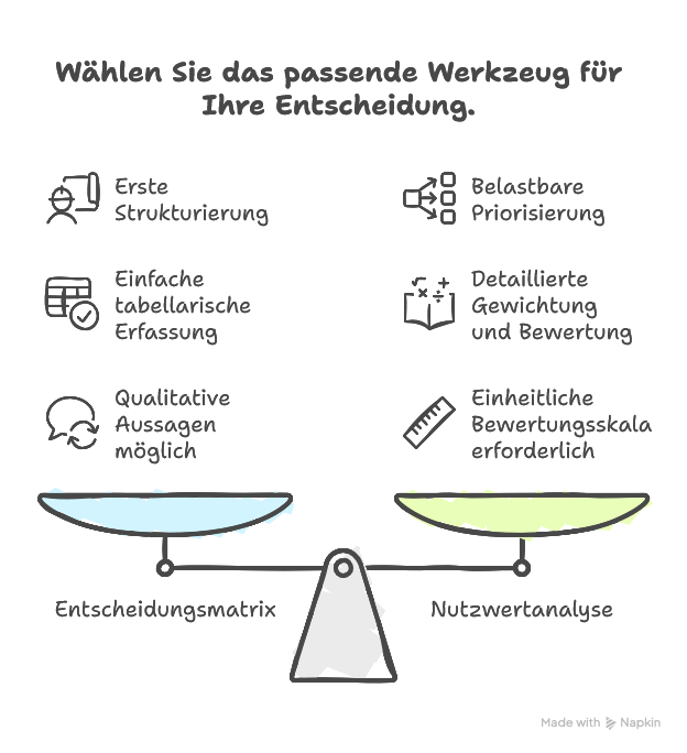 Nutzwertanalyse vs. Entscheidungsmatrix
